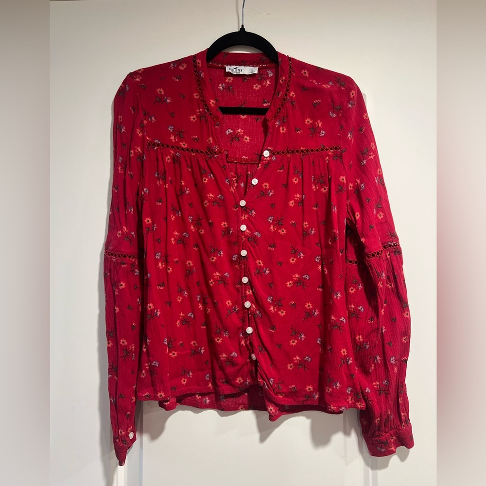 Hollister Red Floral Button-Up Blouse